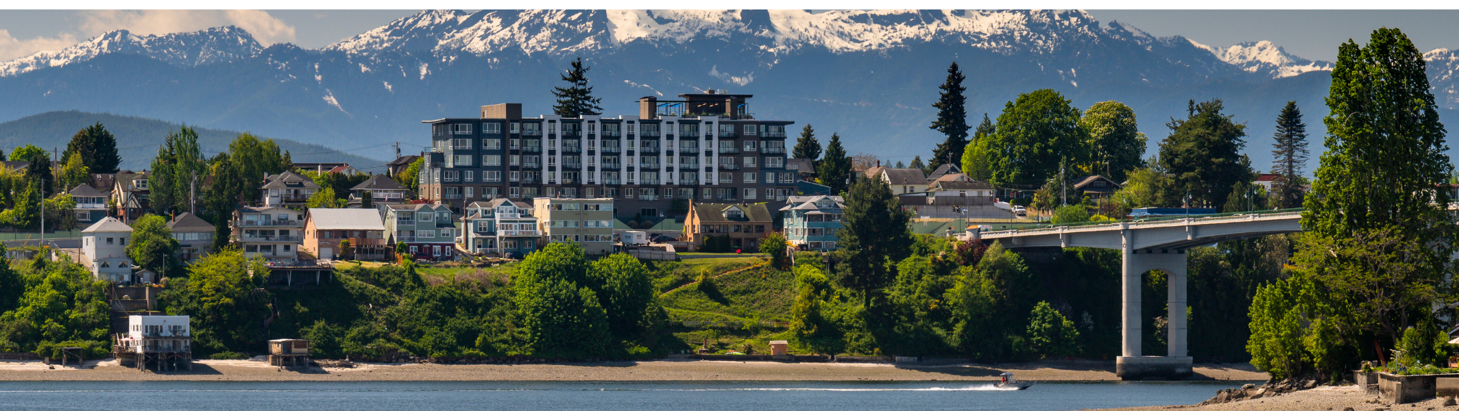 The snow-capped Olympic Mountains rising above forested Kitsap County hills at dawn