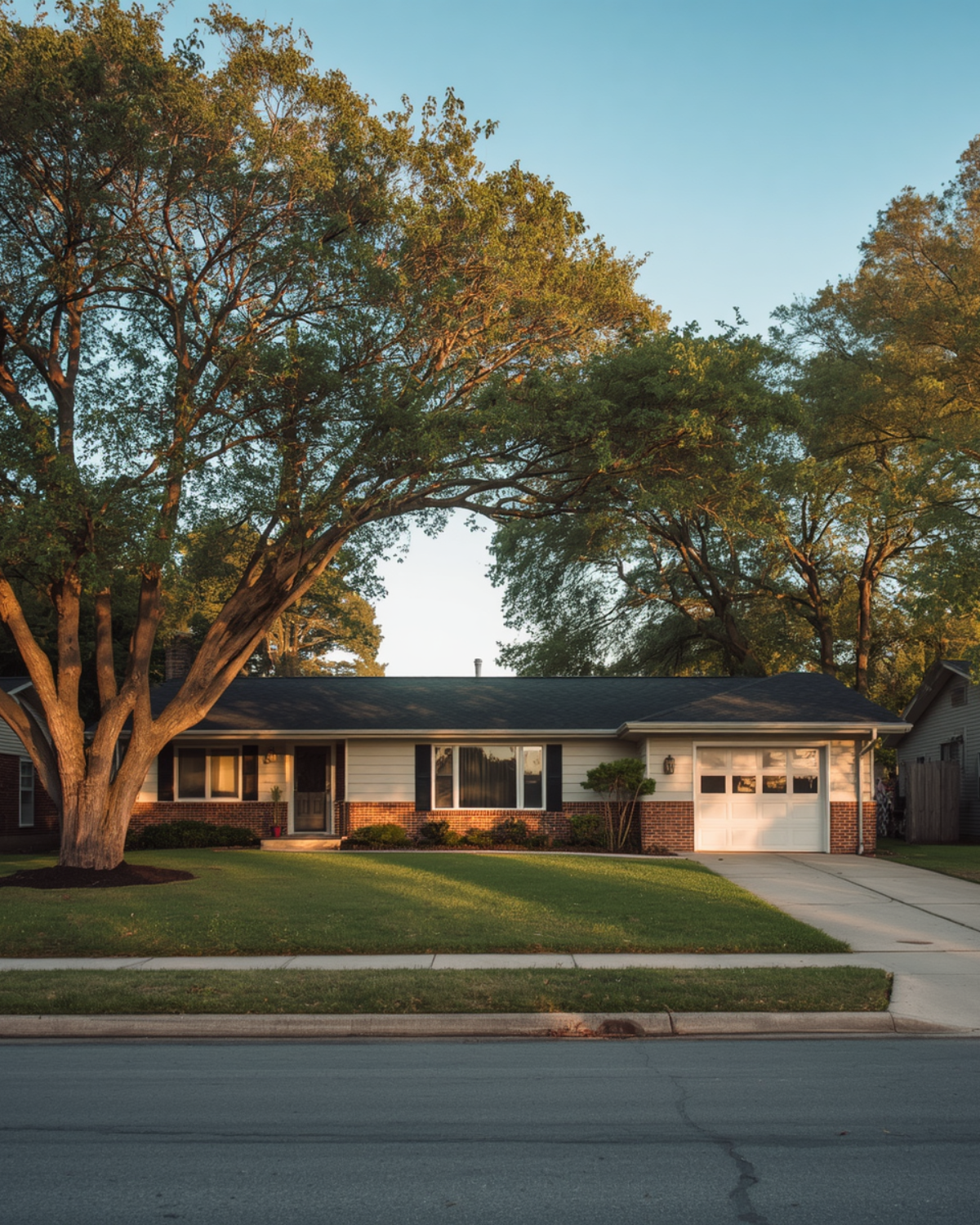 A tidy single-story Kitsap County home with mature trees in warm evening light